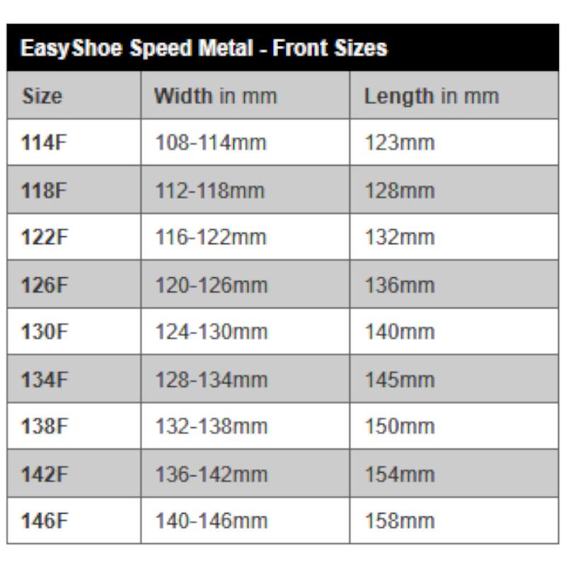 EasyShoe Speed Metal Front Sizing Chart