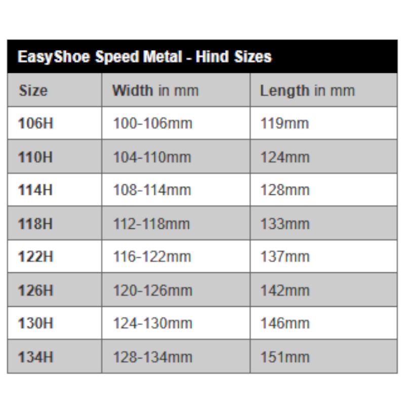 EasyShoe Speed Metal Hind Sizing Chart